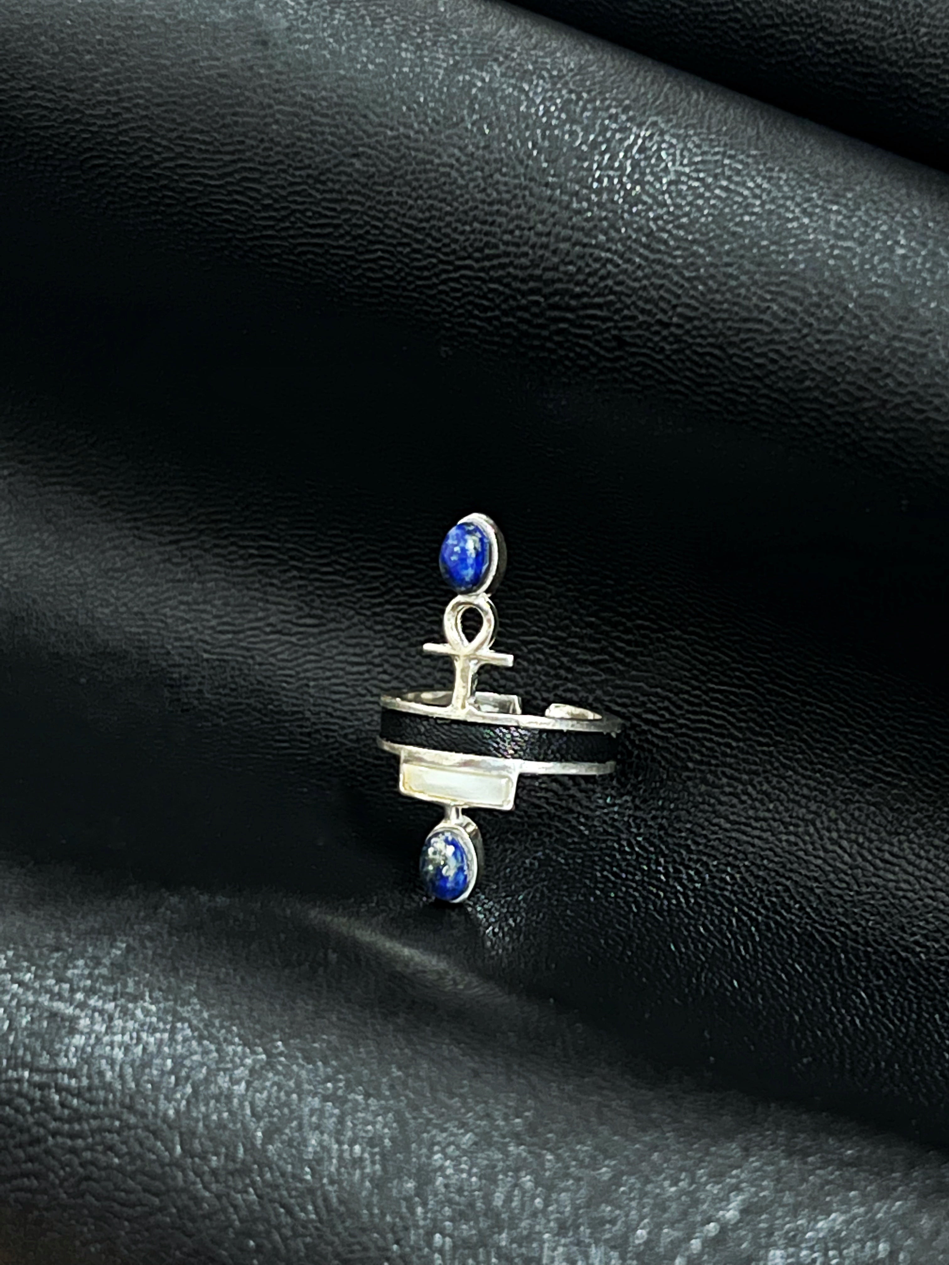 Leather Lapis Lazuli Ankh Ring