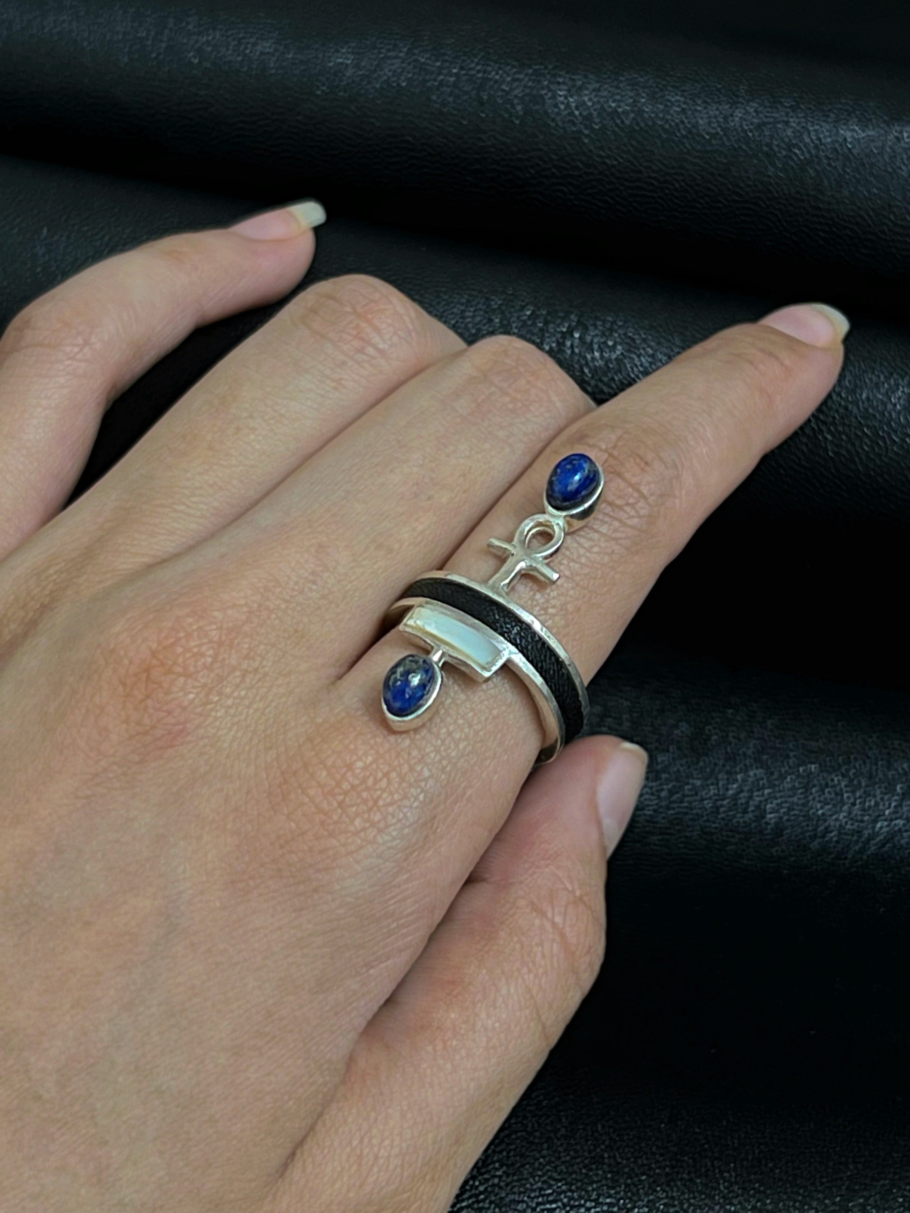 Leather Lapis Lazuli Ankh Ring