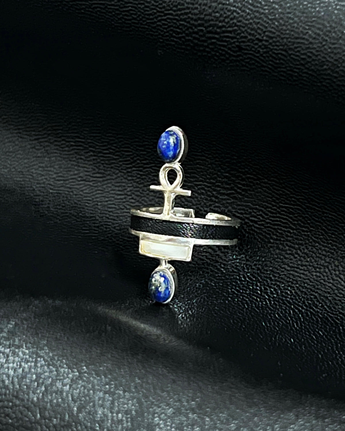 Leather Lapis Lazuli Ankh Ring | SILVER