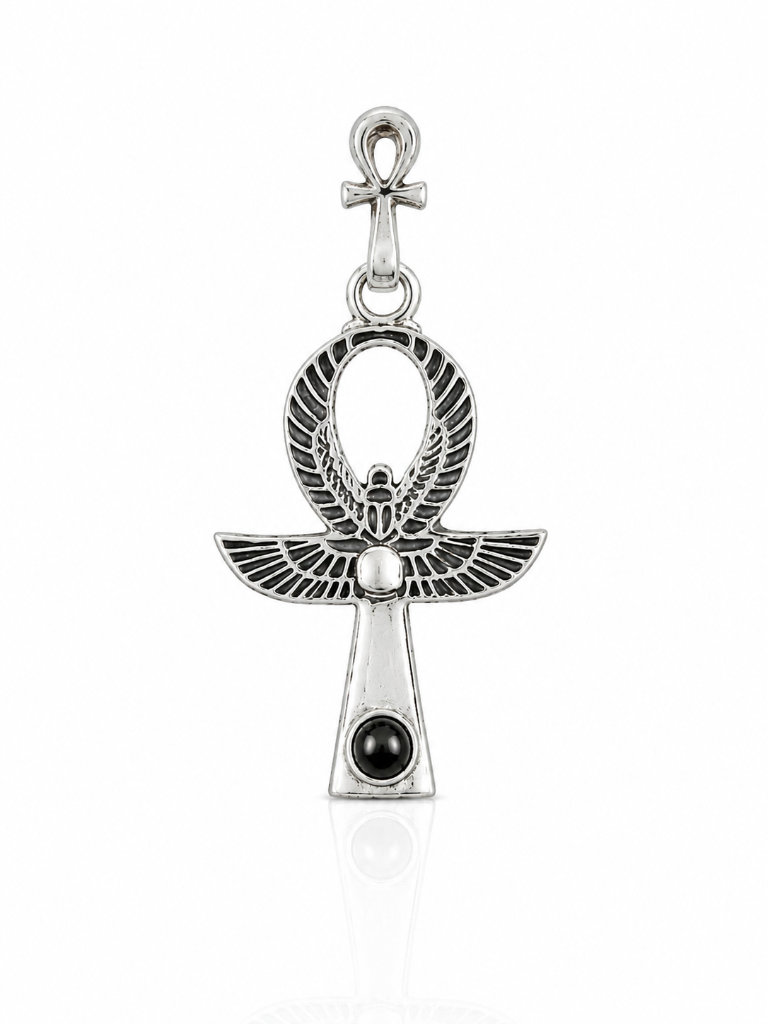 Onyx Stone Ankh Scarab Pendant | Silver